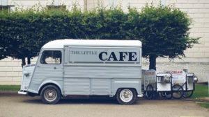 Shows a mobile café truck