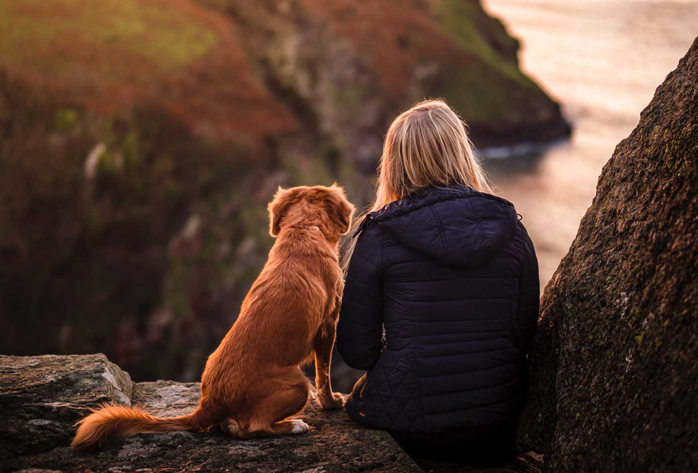 Shows a woman looking out at the sea with a dog