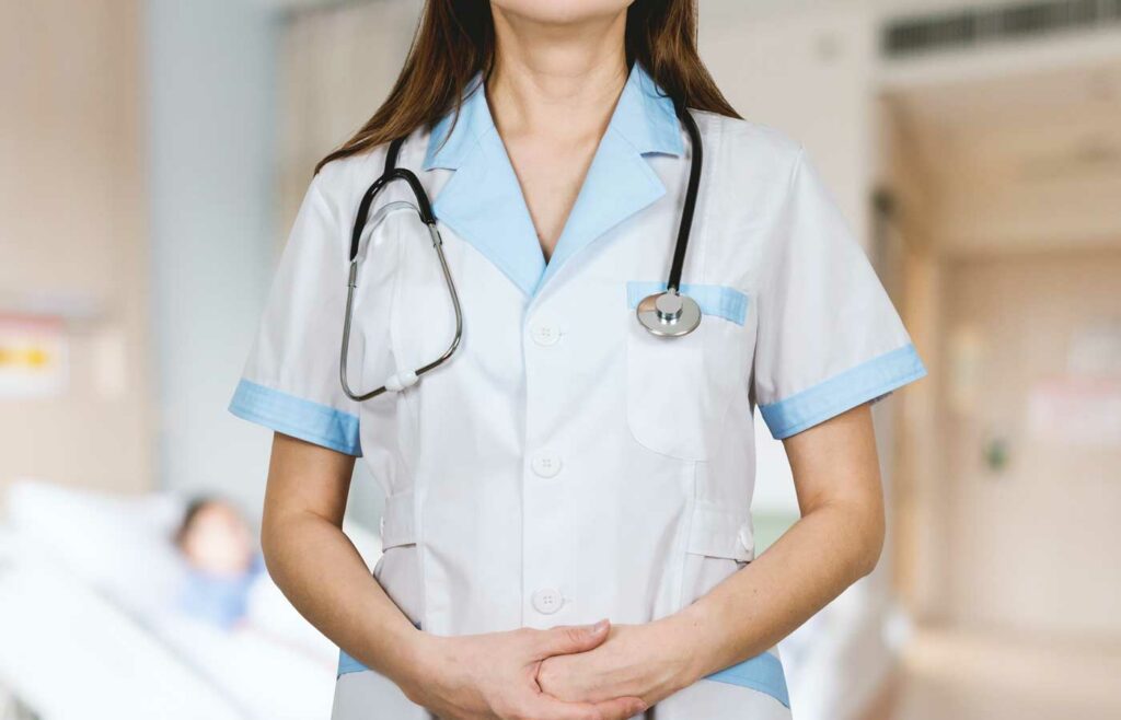 shows an image of a nurse with a stethoscope around her neck