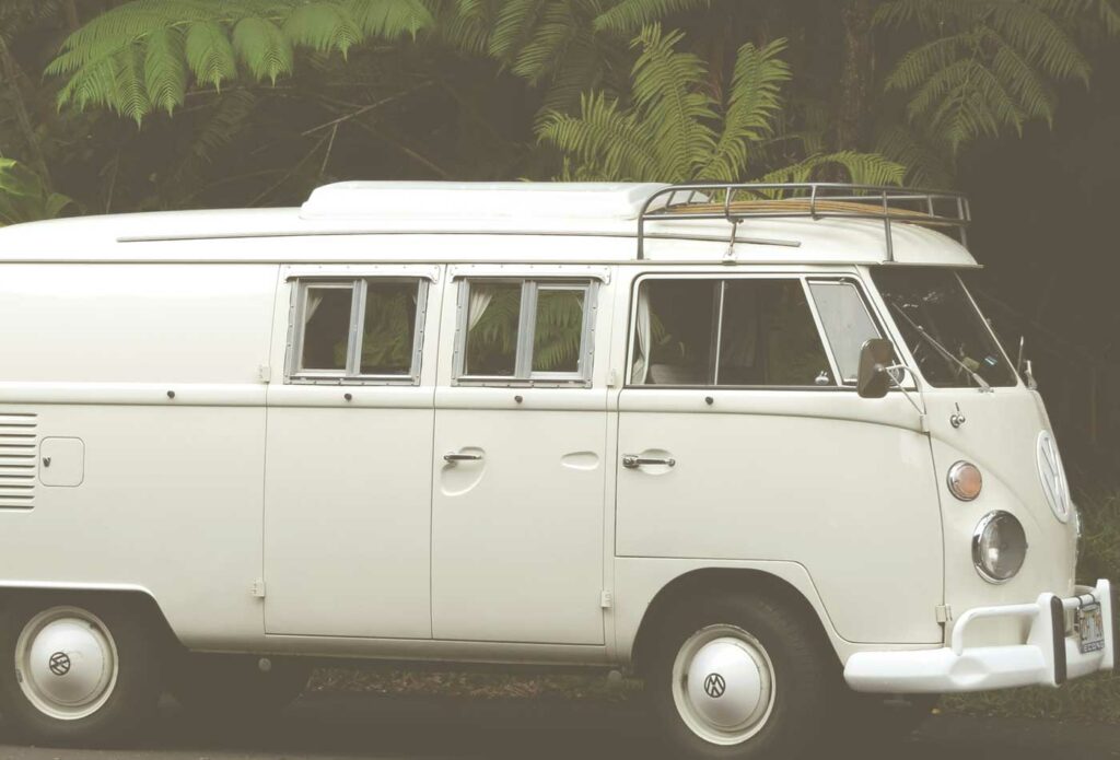 shows a closeup of a white campervan