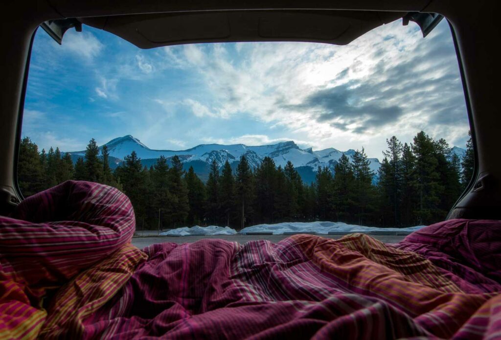 shows a view of the mountain from the campervan